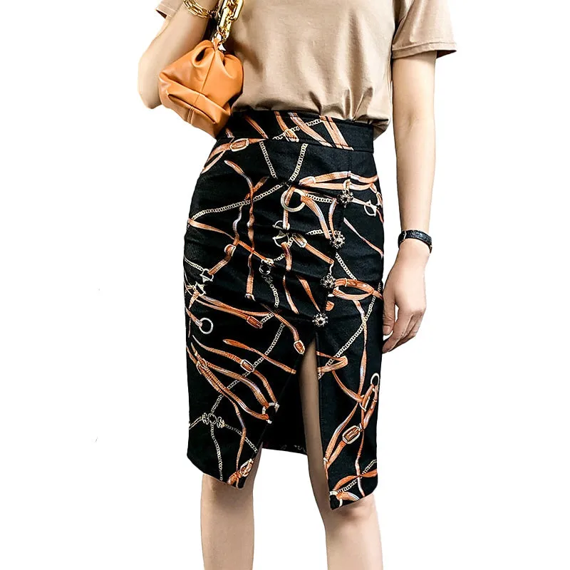 Lady Leather Skirts Genuine Sheepskin Printed Pleated Slit Sexy Hip Wrap Mid-Length Skirt 2022 Autumn Winter New TF4749