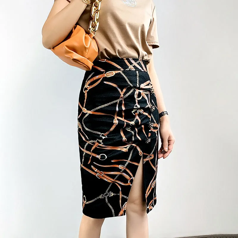 Lady Leather Skirts Genuine Sheepskin Printed Pleated Slit Sexy Hip Wrap Mid-Length Skirt 2022 Autumn Winter New TF4749