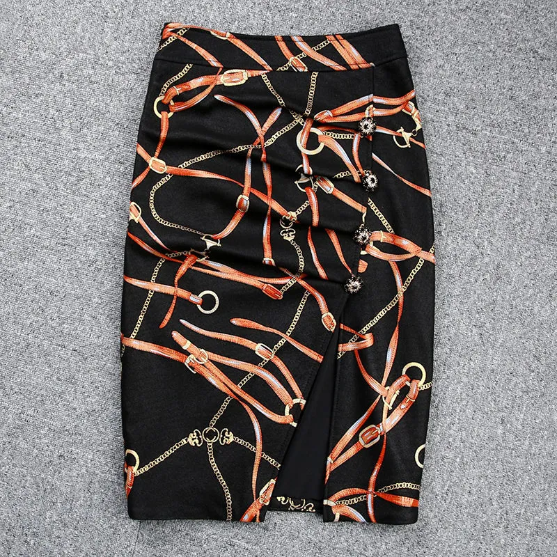 Lady Leather Skirts Genuine Sheepskin Printed Pleated Slit Sexy Hip Wrap Mid-Length Skirt 2022 Autumn Winter New TF4749
