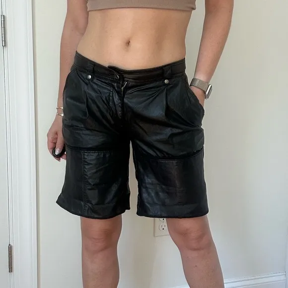 Leather Combo Low Rise Cargo Pocket Bermuda Shorts