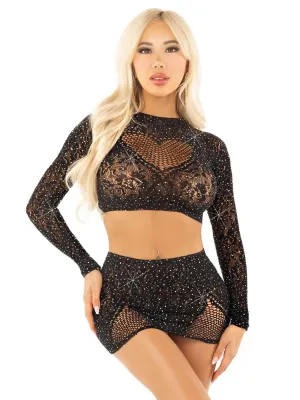 Leg Avenue Black 2pc Rhinestone Lace and Net Crop Top With -  Heart Keyhole Mini Skirt - Os