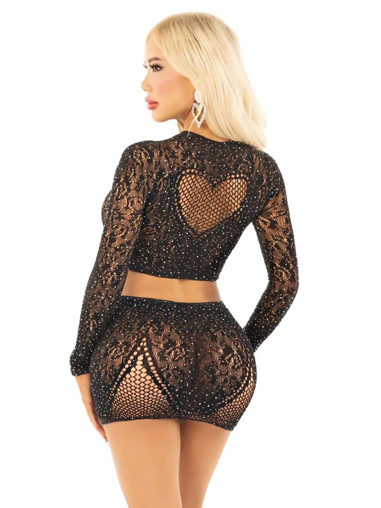 Leg Avenue Black 2pc Rhinestone Lace and Net Crop Top With -  Heart Keyhole Mini Skirt - Os