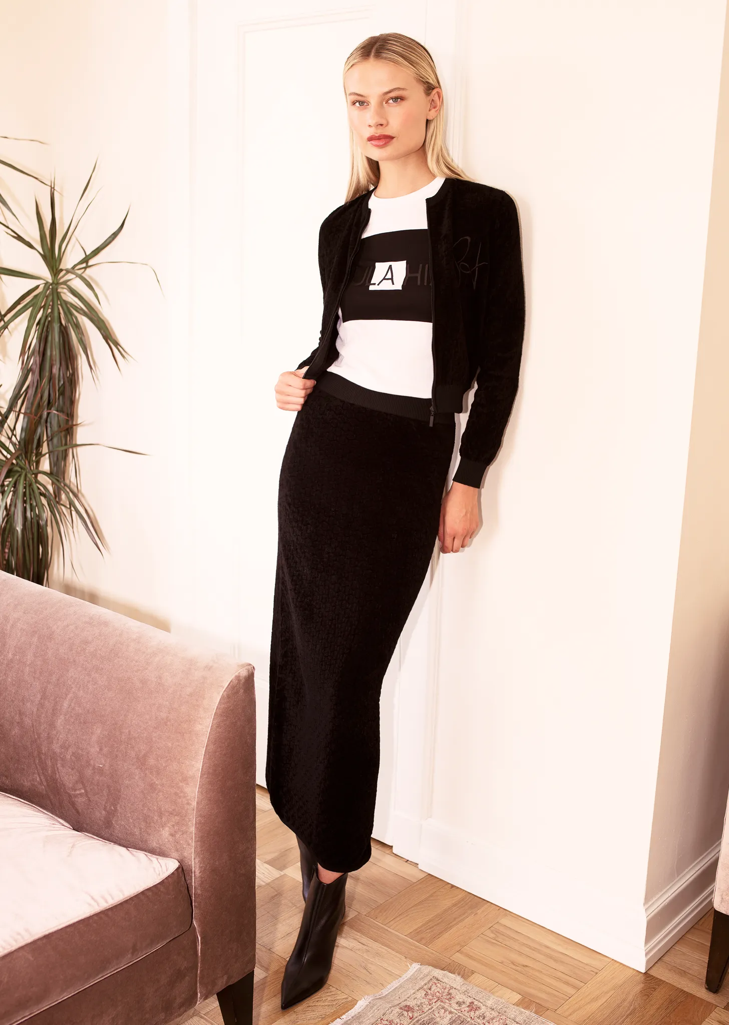 Leslee - Polka Dot Velour Ankle Length Skirt