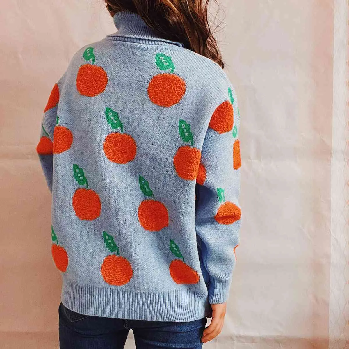 Liana Fruit Pattern Turtleneck Dropped Sweater