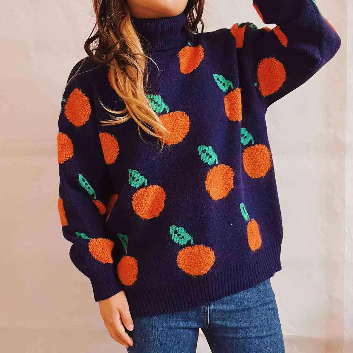 Liana Fruit Pattern Turtleneck Dropped Sweater