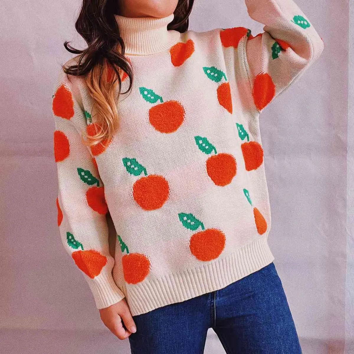 Liana Fruit Pattern Turtleneck Dropped Sweater