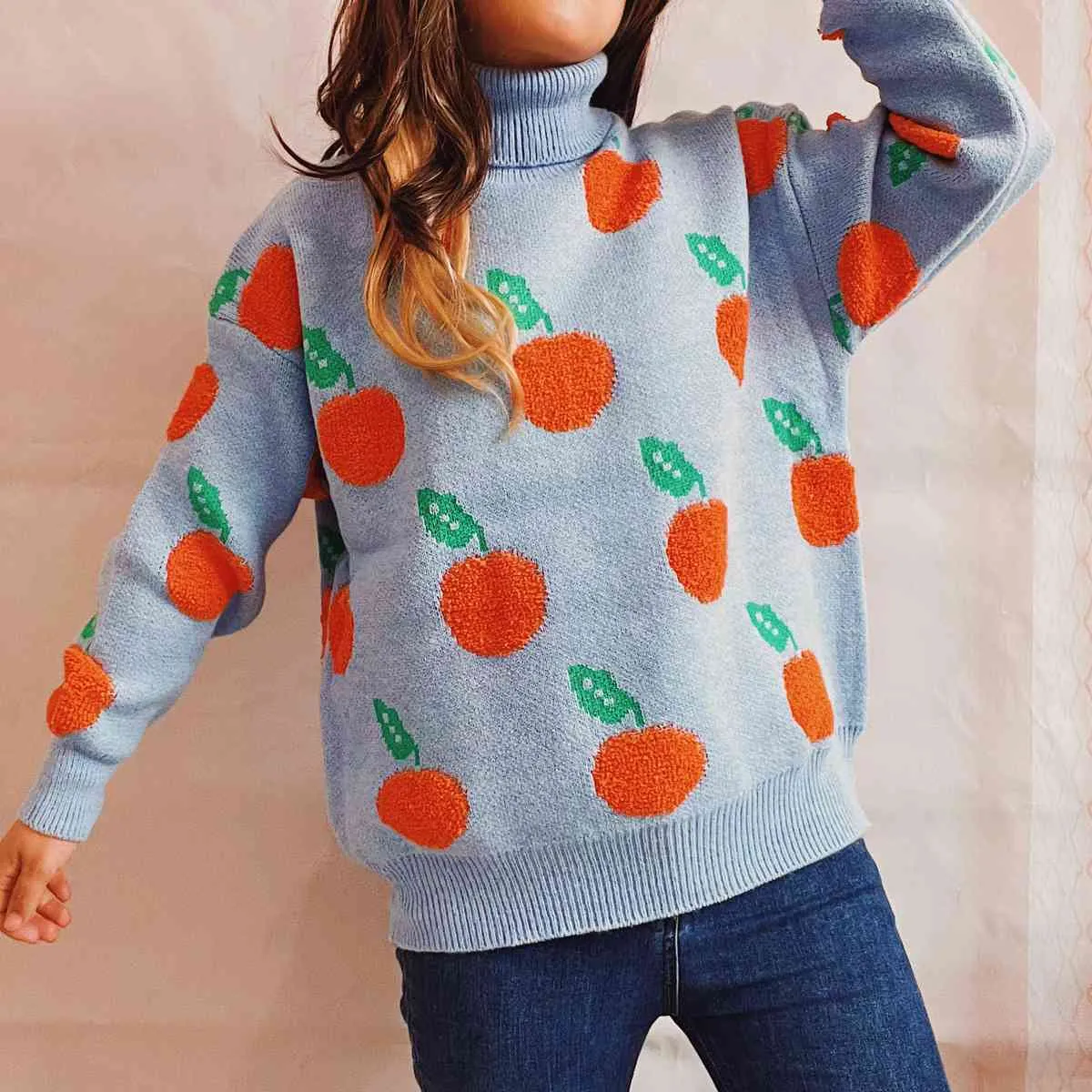 Liana Fruit Pattern Turtleneck Dropped Sweater