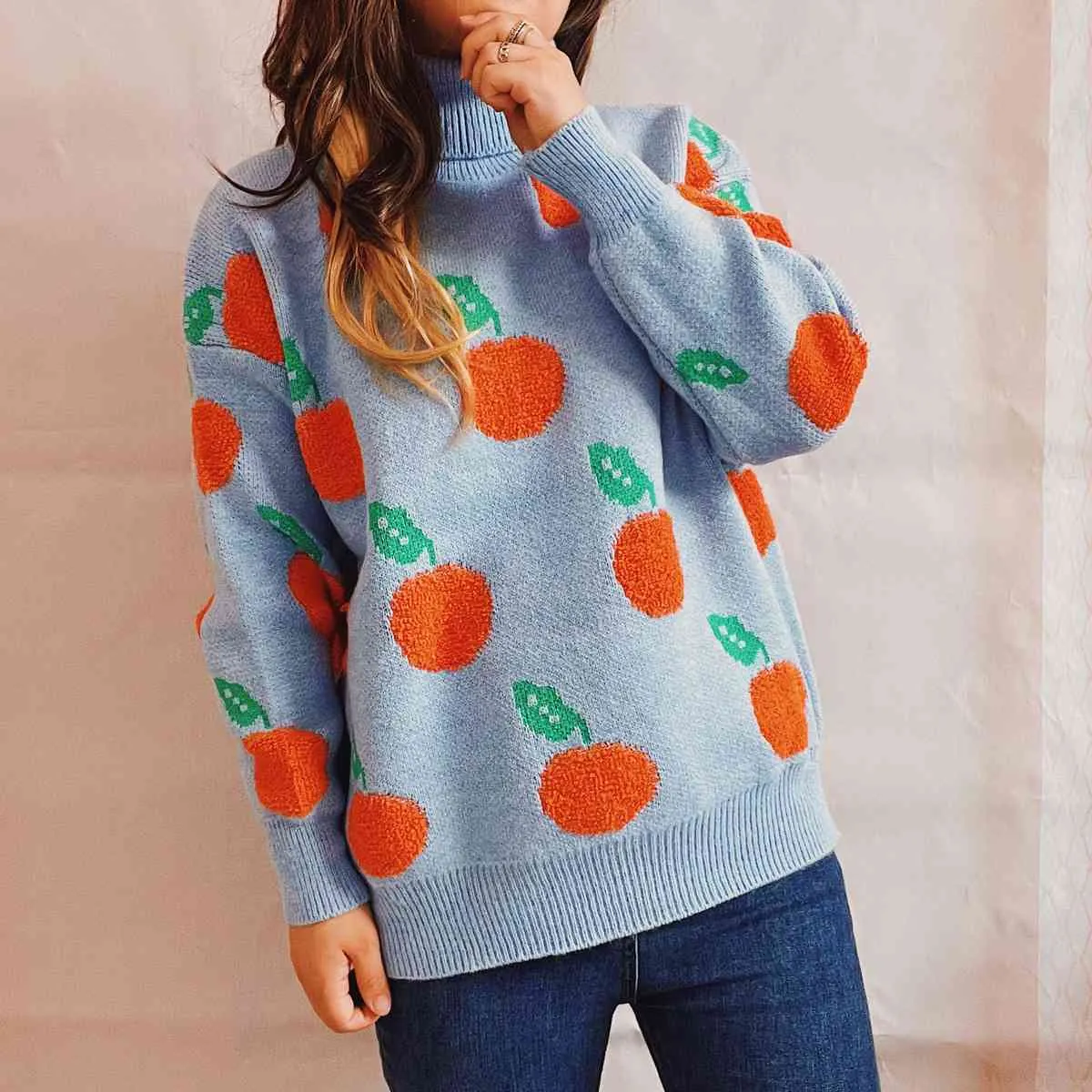Liana Fruit Pattern Turtleneck Dropped Sweater