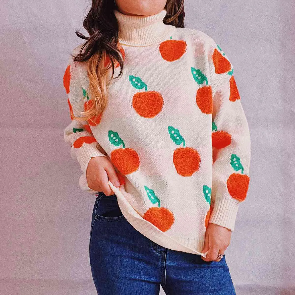Liana Fruit Pattern Turtleneck Dropped Sweater