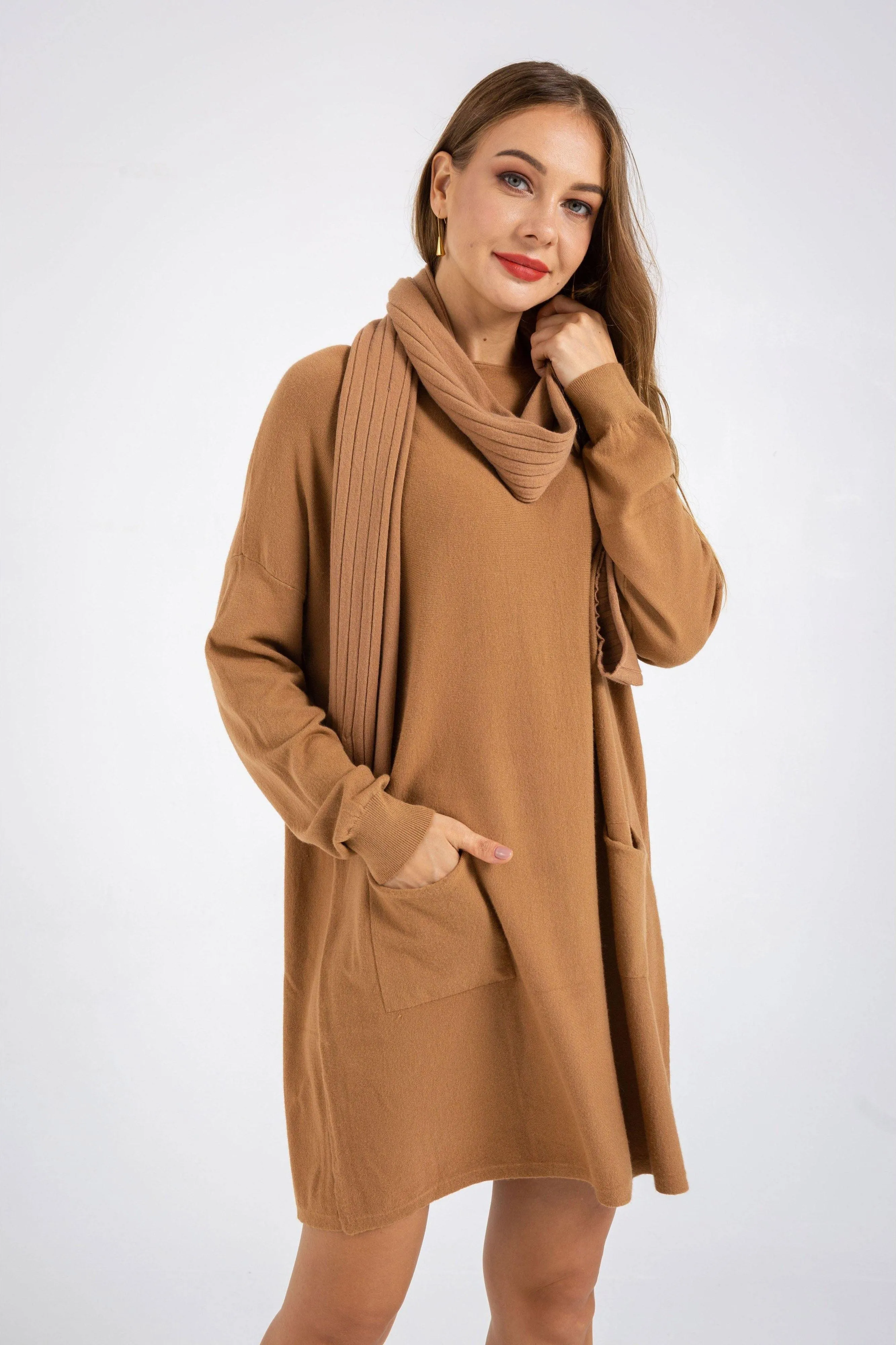 Long Sleeve Dress Knitted Sweater and Scarf