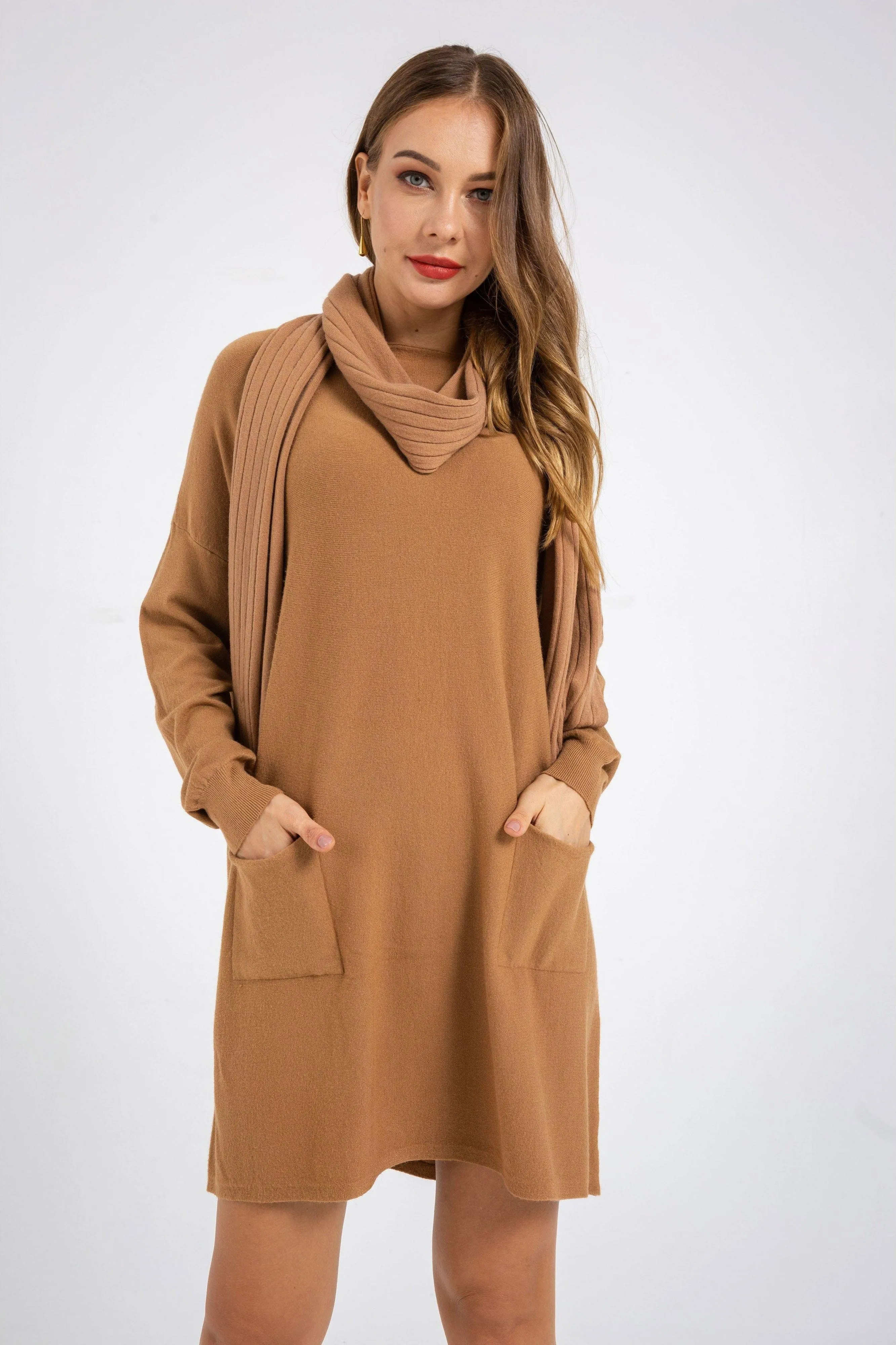 Long Sleeve Dress Knitted Sweater and Scarf