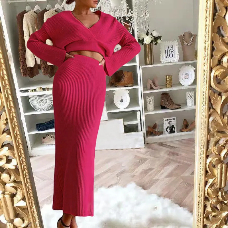 Long sleeved V-neck Sweater Skirt Set