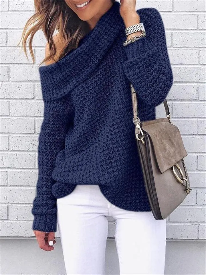 Loose Fit Cowl Neck Solid Color Ribbed Knit Sweaters