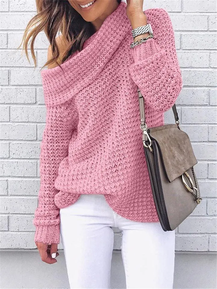 Loose Fit Cowl Neck Solid Color Ribbed Knit Sweaters