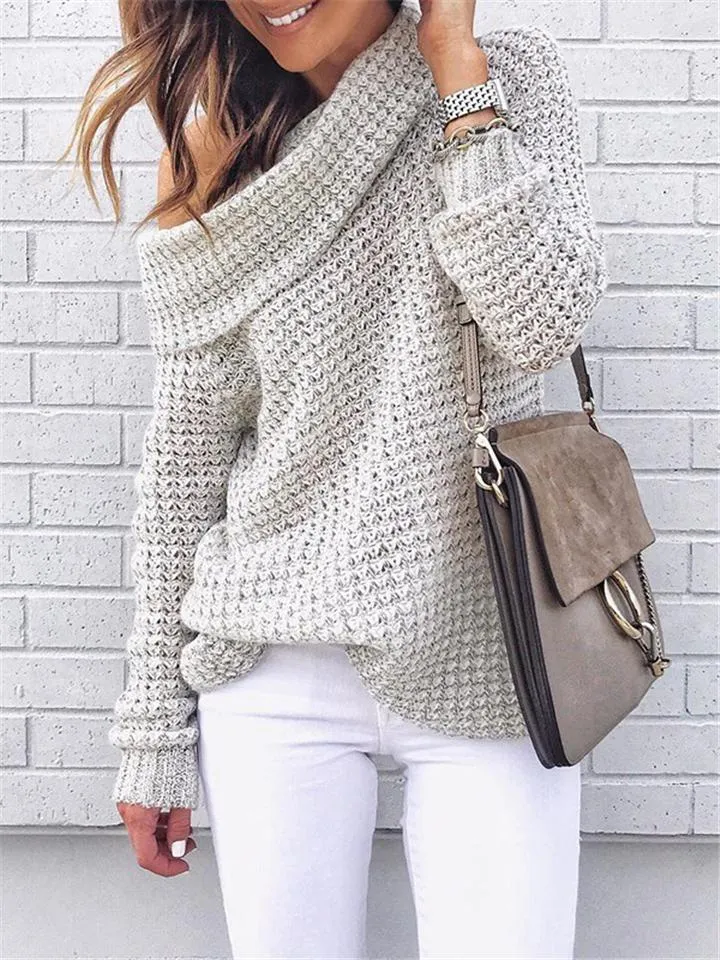 Loose Fit Cowl Neck Solid Color Ribbed Knit Sweaters