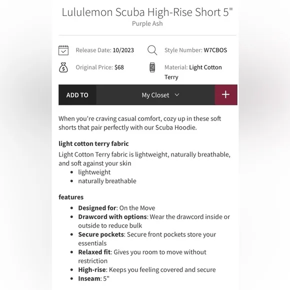Lululemon Scuba High Rise 5” Shorts Purple Ash Size 4 Pockets
