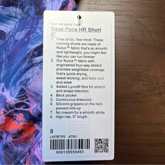 Lululemon women’s Base Pace high-rise 8” shorts. Size 8. NWT.