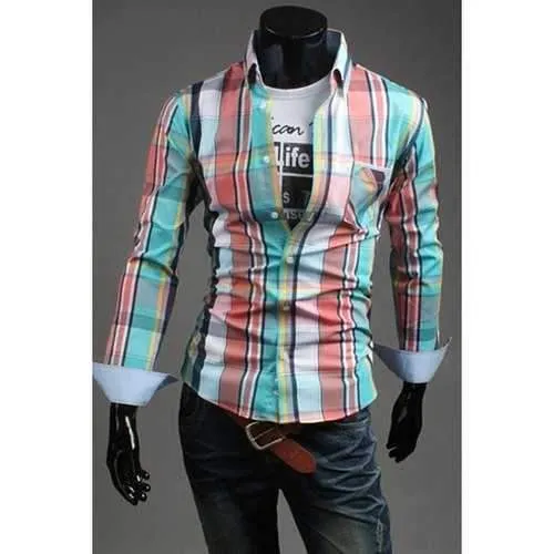 Men's Slim Fit Turn Down Collar Plaid Single Breasted Long Sleeves Shirt - Blue L