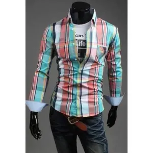 Men's Slim Fit Turn Down Collar Plaid Single Breasted Long Sleeves Shirt - Blue L