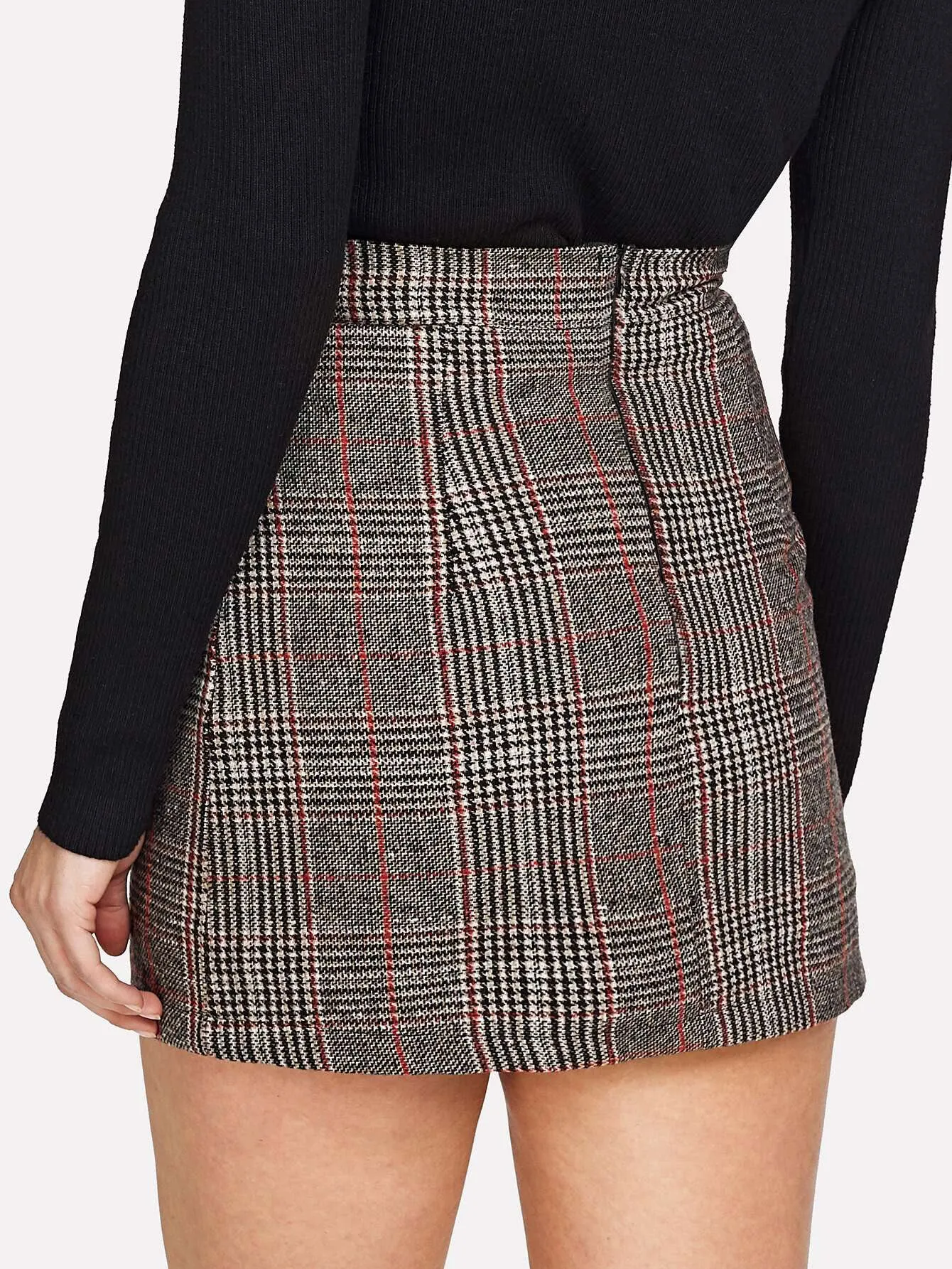 Mid Length Mini Plaid Zip Back Skirt