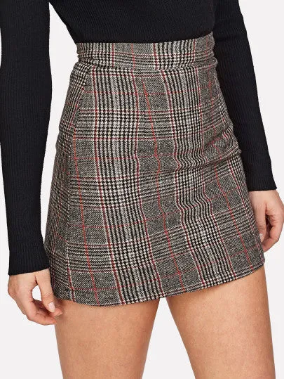 Mid Length Mini Plaid Zip Back Skirt