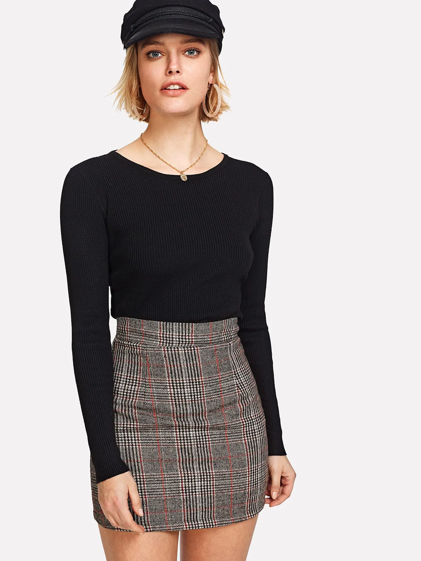 Mid Length Mini Plaid Zip Back Skirt