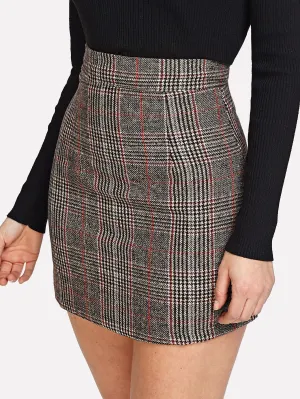 Mid Length Mini Plaid Zip Back Skirt