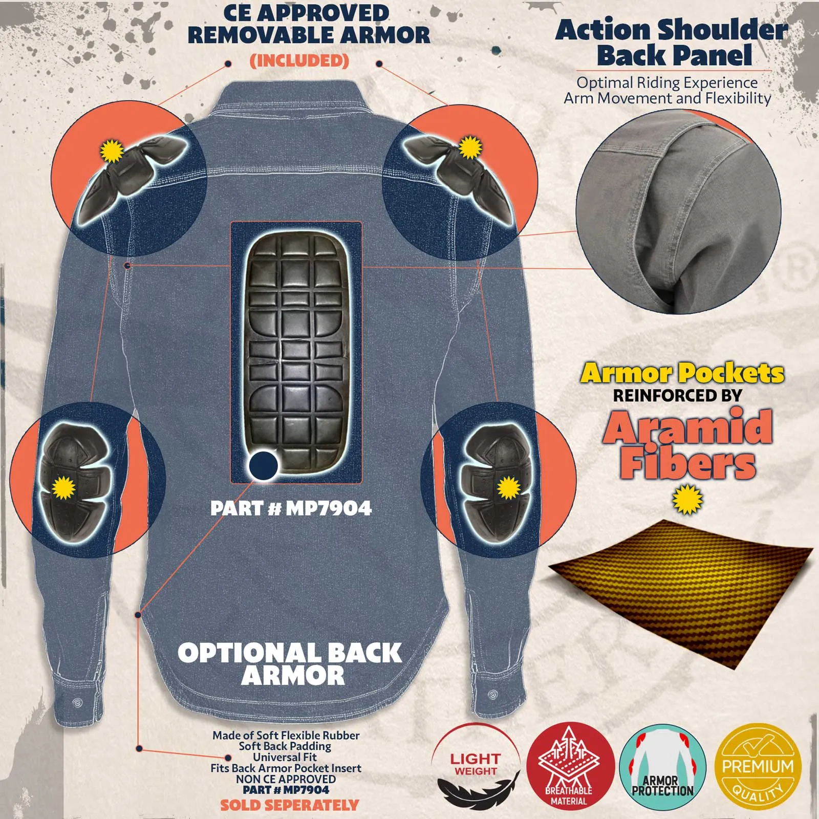 MPM1629 Men's Plaid Hooded Flannel Biker Shirt with CE Approved Armor - Reinforced w/ Aramid Fibers