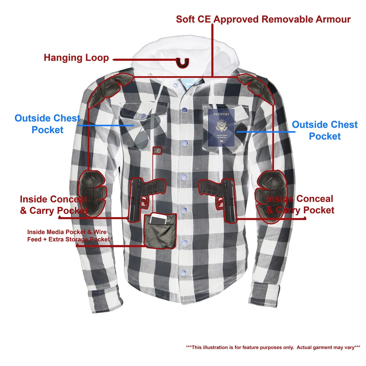 MPM1629 Men's Plaid Hooded Flannel Biker Shirt with CE Approved Armor - Reinforced w/ Aramid Fibers