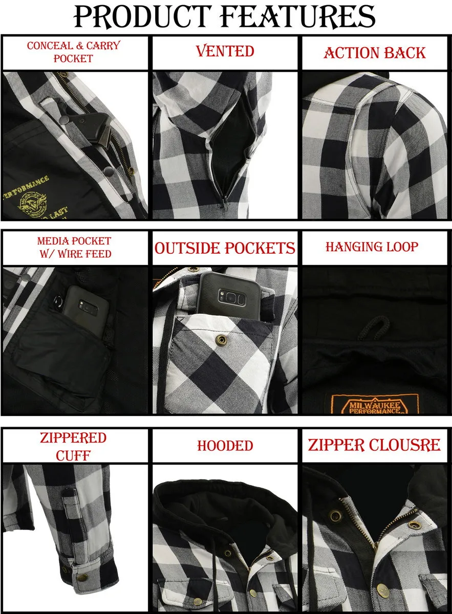 MPM1629 Men's Plaid Hooded Flannel Biker Shirt with CE Approved Armor - Reinforced w/ Aramid Fibers
