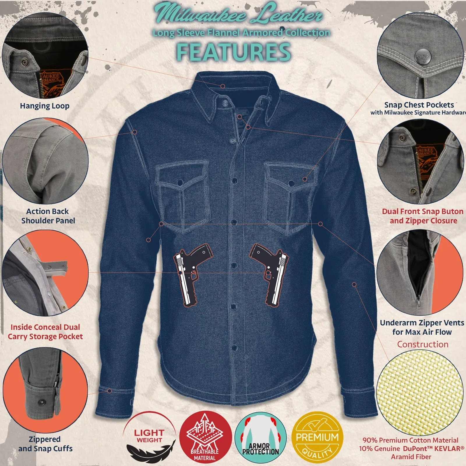 MPM1629 Men's Plaid Hooded Flannel Biker Shirt with CE Approved Armor - Reinforced w/ Aramid Fibers