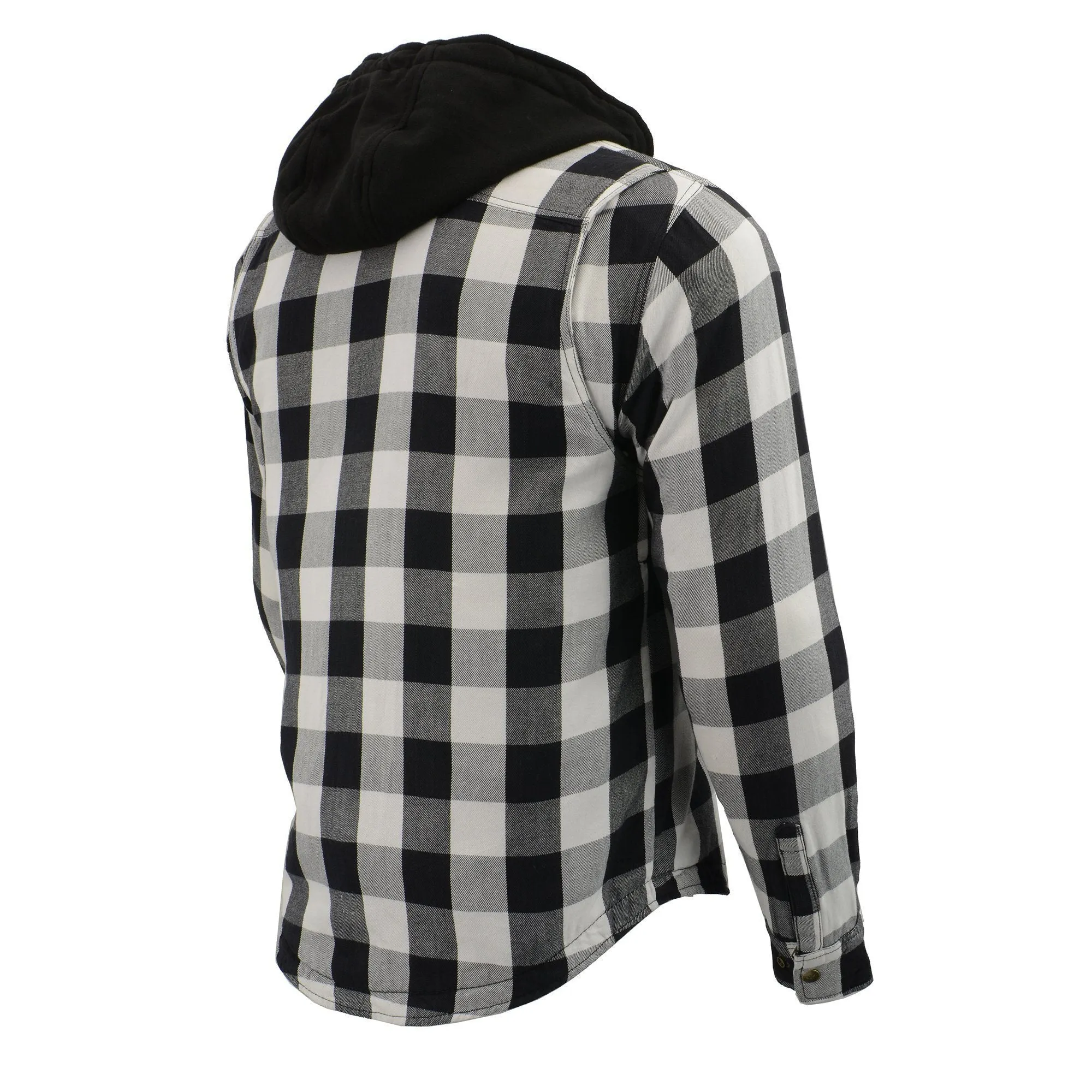 MPM1629 Men's Plaid Hooded Flannel Biker Shirt with CE Approved Armor - Reinforced w/ Aramid Fibers