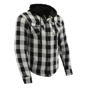 MPM1629 Men's Plaid Hooded Flannel Biker Shirt with CE Approved Armor - Reinforced w/ Aramid Fibers