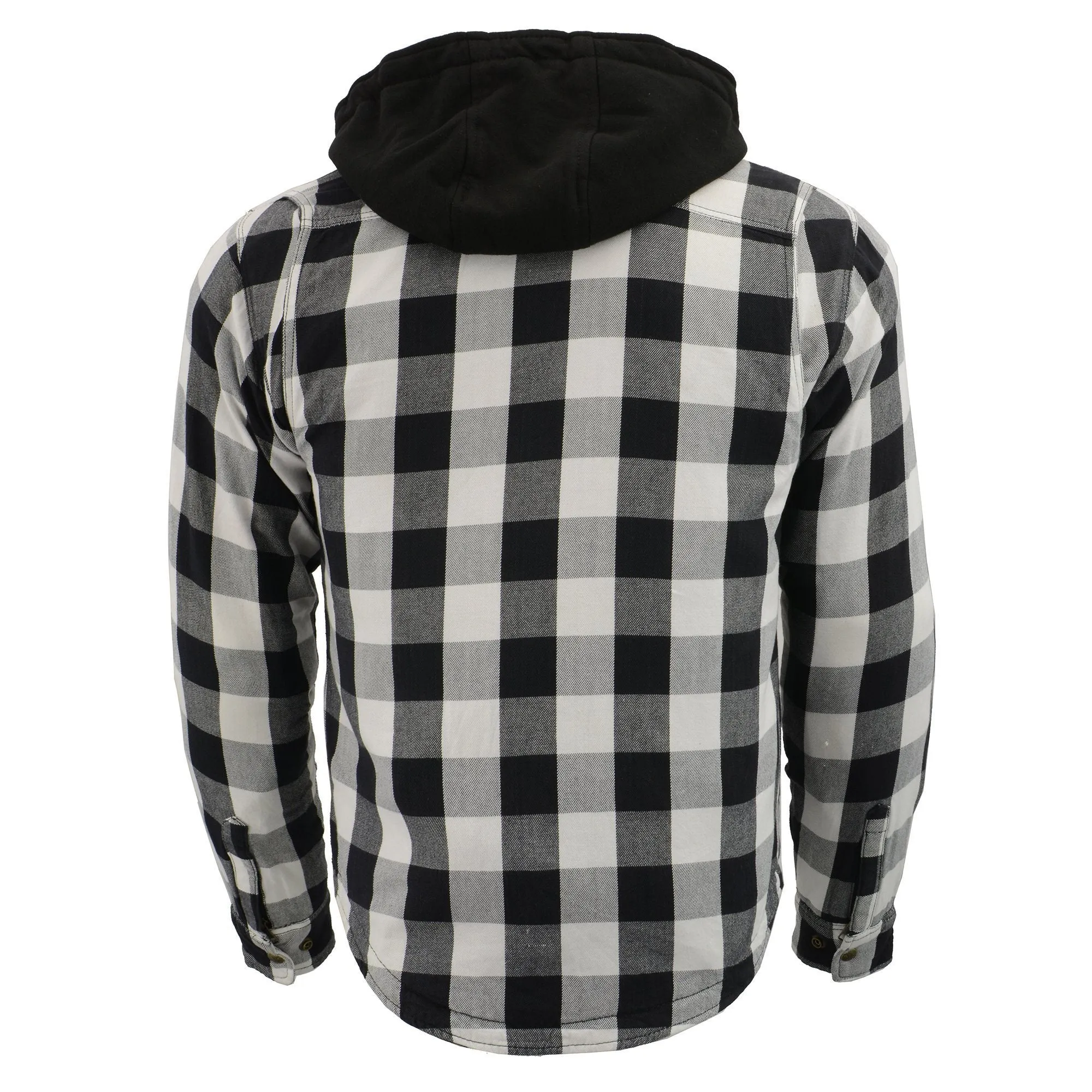 MPM1629 Men's Plaid Hooded Flannel Biker Shirt with CE Approved Armor - Reinforced w/ Aramid Fibers