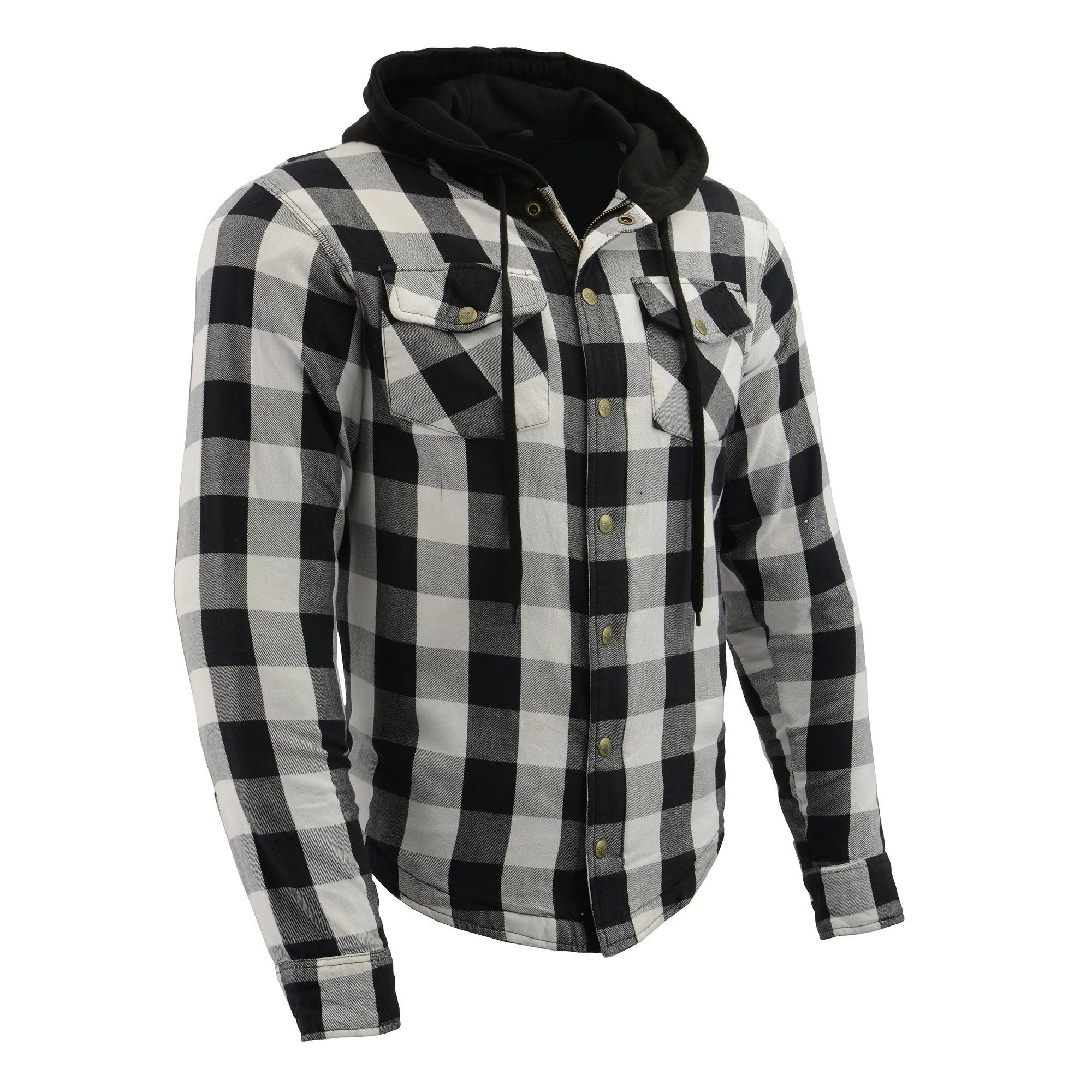 MPM1629 Men's Plaid Hooded Flannel Biker Shirt with CE Approved Armor - Reinforced w/ Aramid Fibers