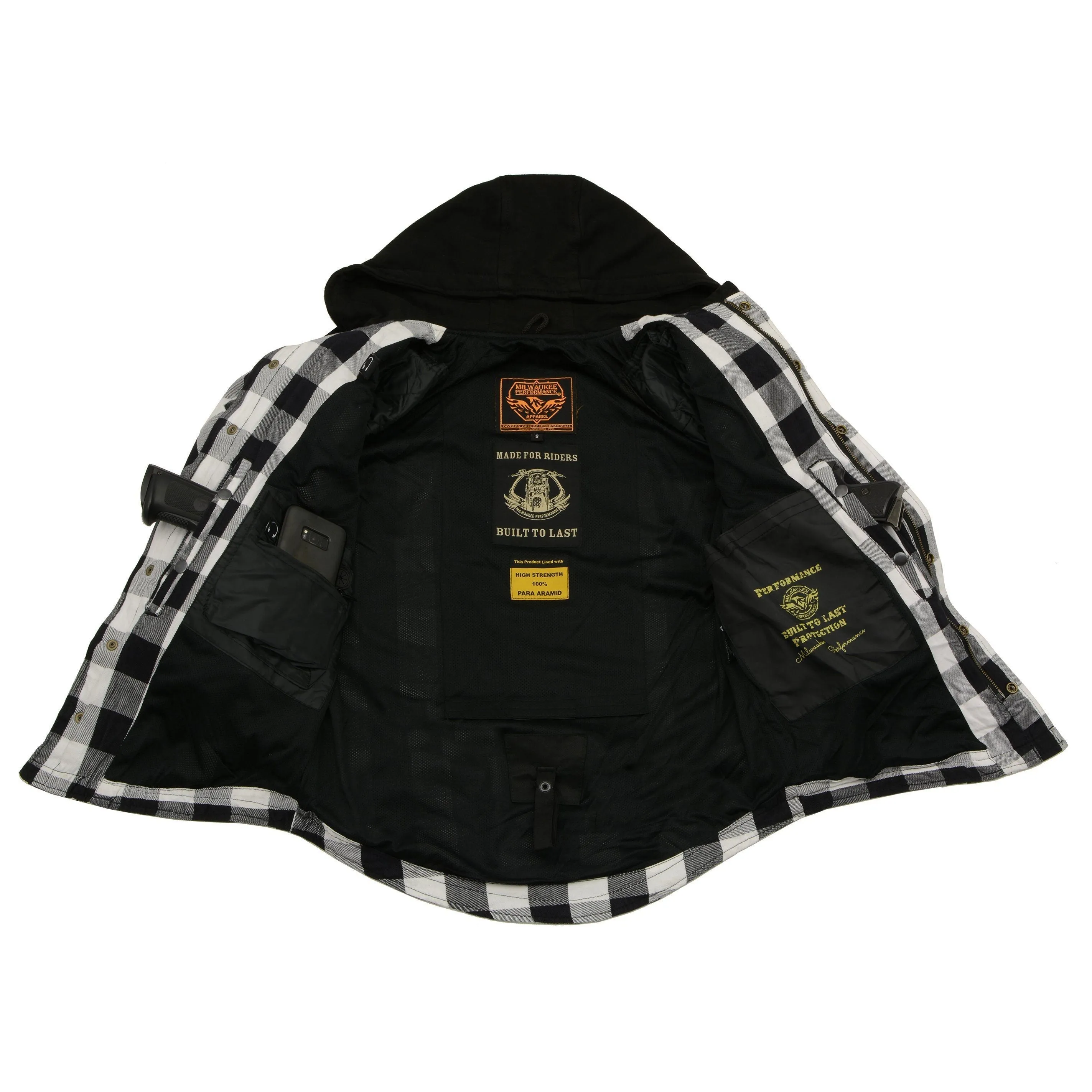 MPM1629 Men's Plaid Hooded Flannel Biker Shirt with CE Approved Armor - Reinforced w/ Aramid Fibers
