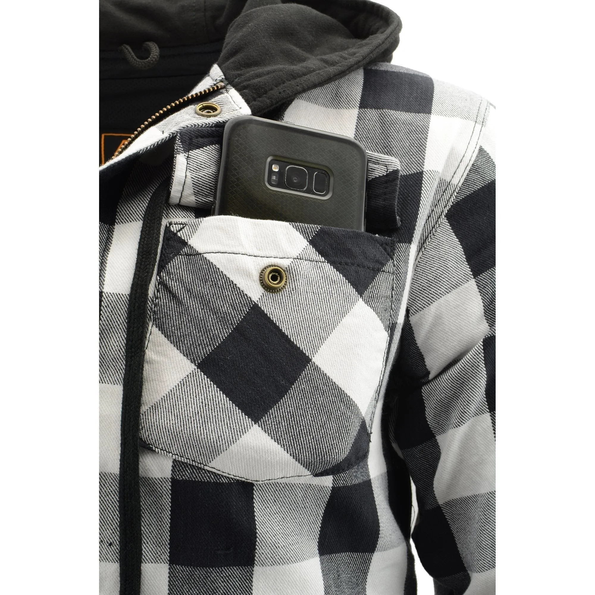 MPM1629 Men's Plaid Hooded Flannel Biker Shirt with CE Approved Armor - Reinforced w/ Aramid Fibers