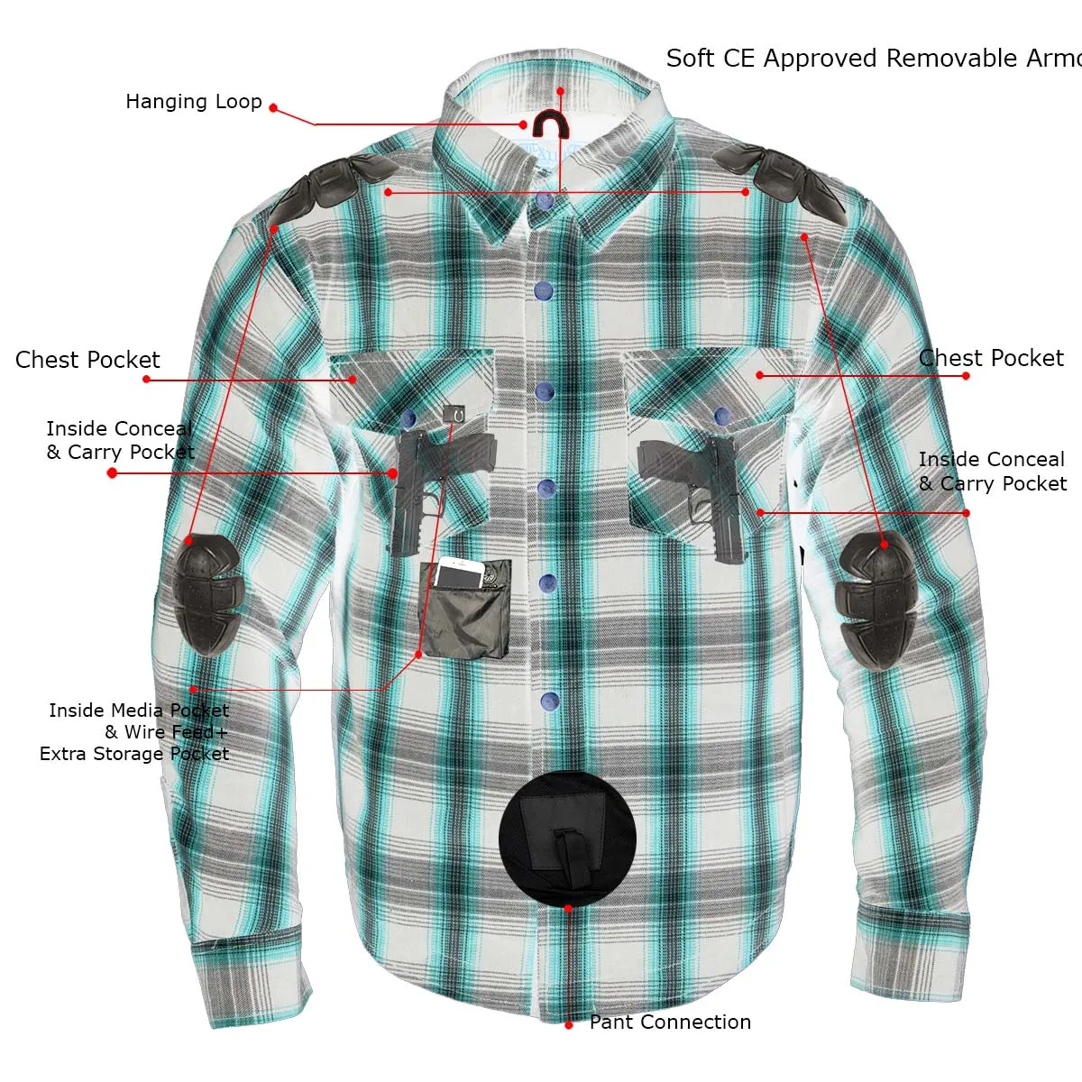 MPM1631 Men's Plaid Flannel Biker Shirt with CE Approved Armor - Reinforced w/ Aramid Fiber