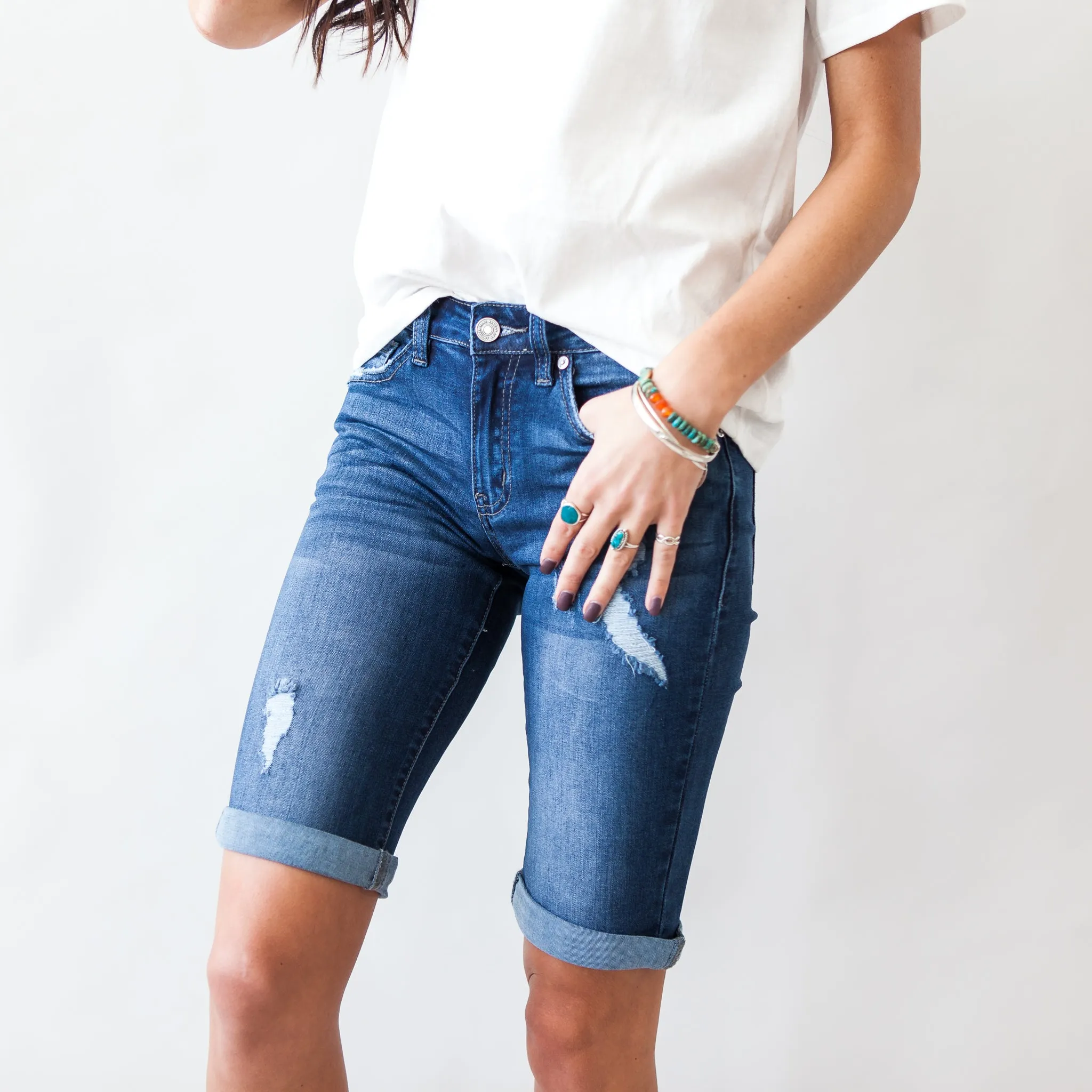 Not Alone Distressed Kancan Bermuda Shorts in Dark Blue