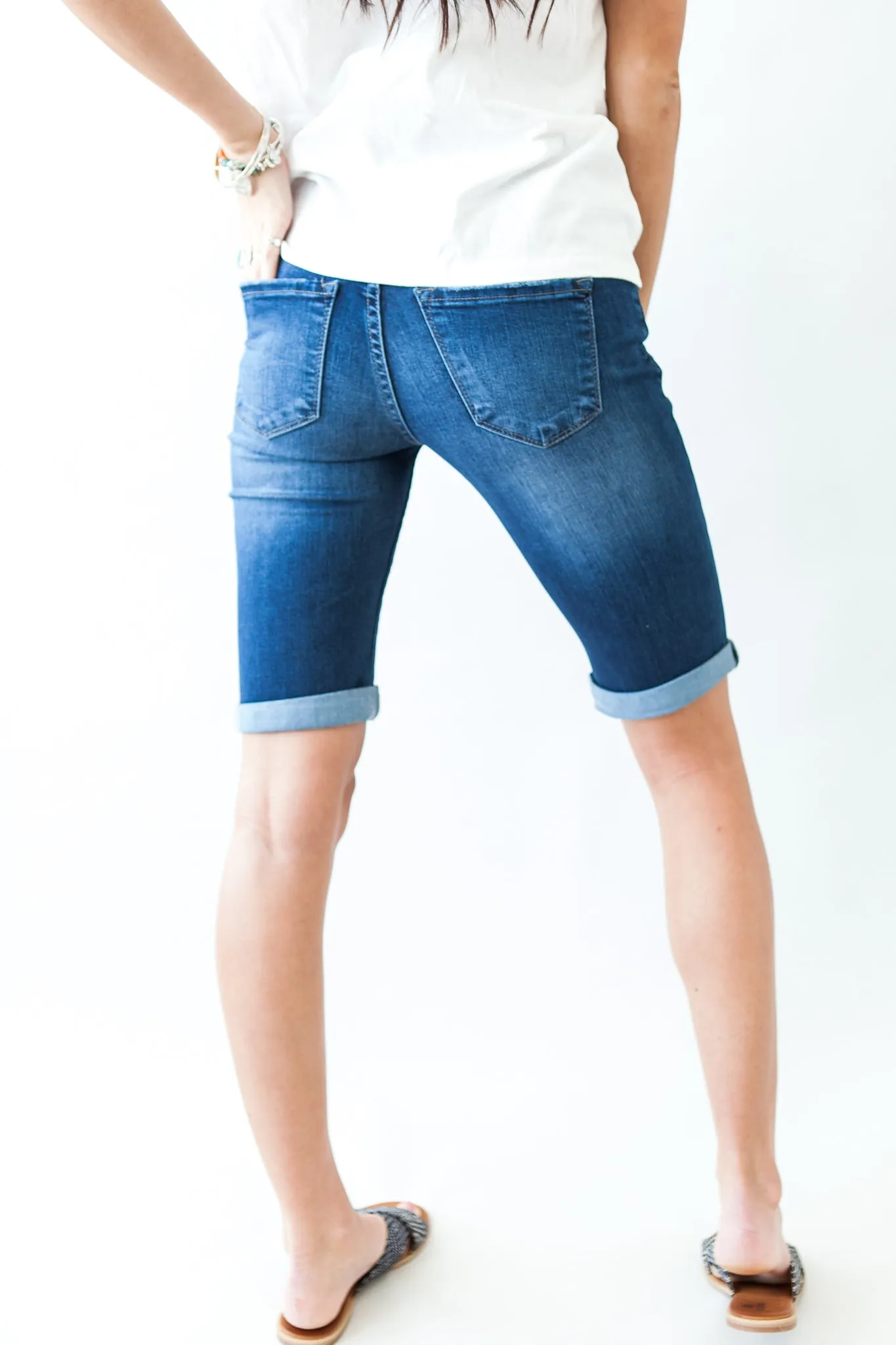 Not Alone Distressed Kancan Bermuda Shorts in Dark Blue