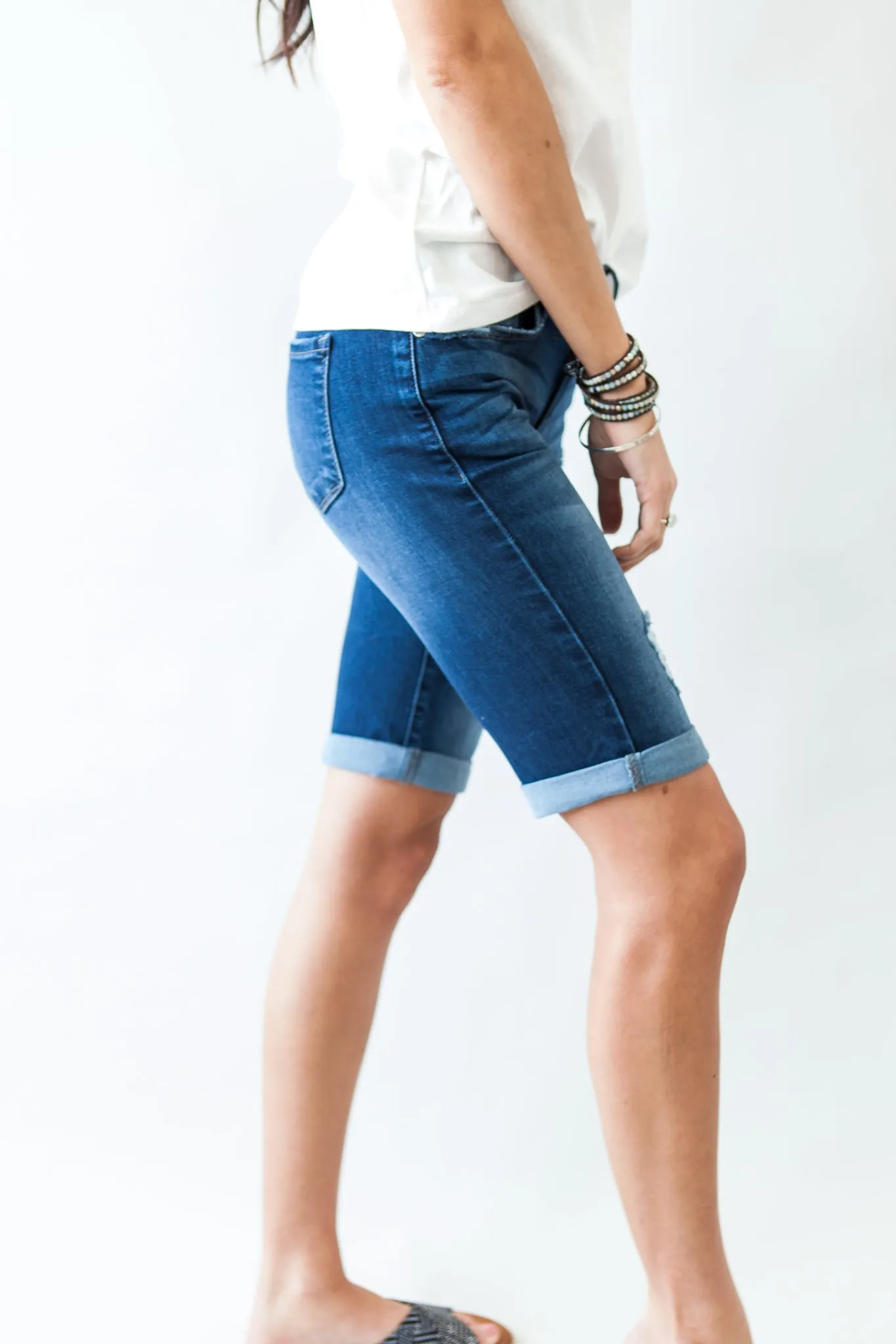 Not Alone Distressed Kancan Bermuda Shorts in Dark Blue