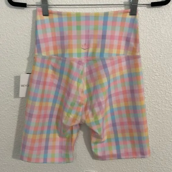 NWT- Beyond Yoga Pastel Gingham High-Waisted Biker Shorts-Size Small