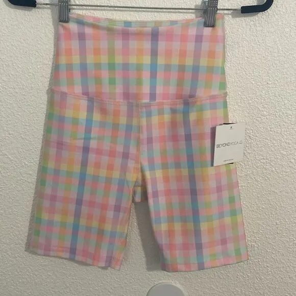 NWT- Beyond Yoga Pastel Gingham High-Waisted Biker Shorts-Size Small