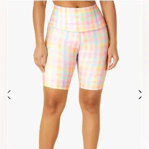 NWT- Beyond Yoga Pastel Gingham High-Waisted Biker Shorts-Size Small