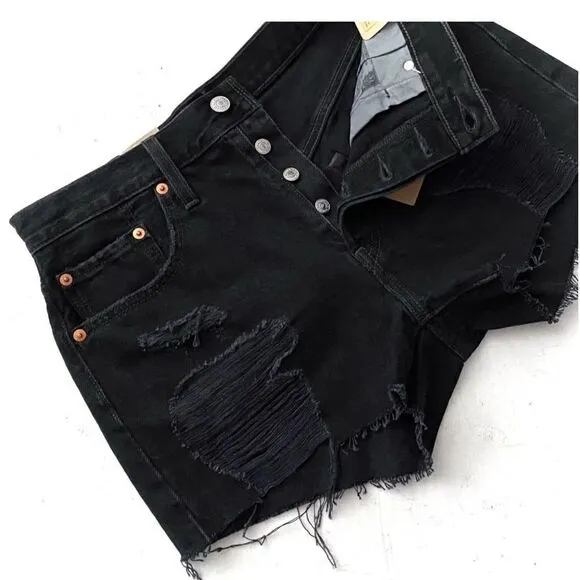 NWT LEVI'S 501 Distressed 5 Pocket High Rise Black Shorts Size 31