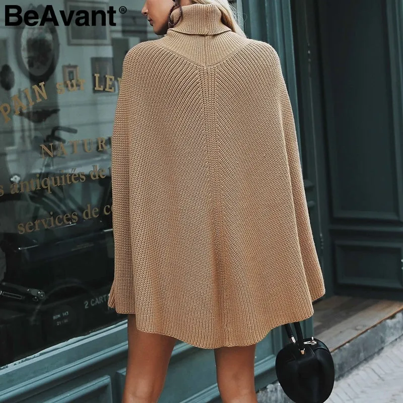 Oversize Knitted Turtleneck Pullover Poncho Sweaters