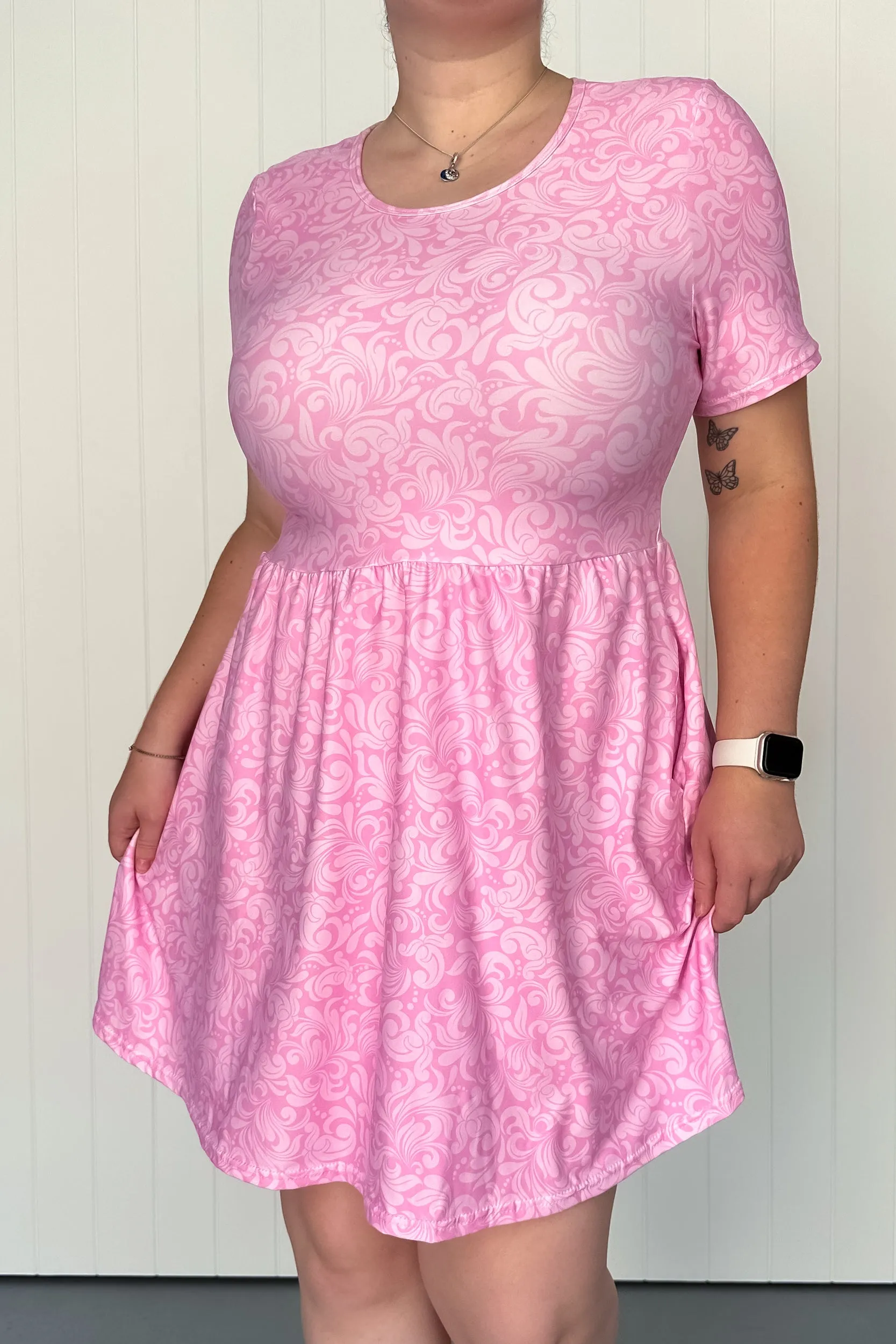 Pink Damask - Mini Dress - Short Sleeve - Pockets