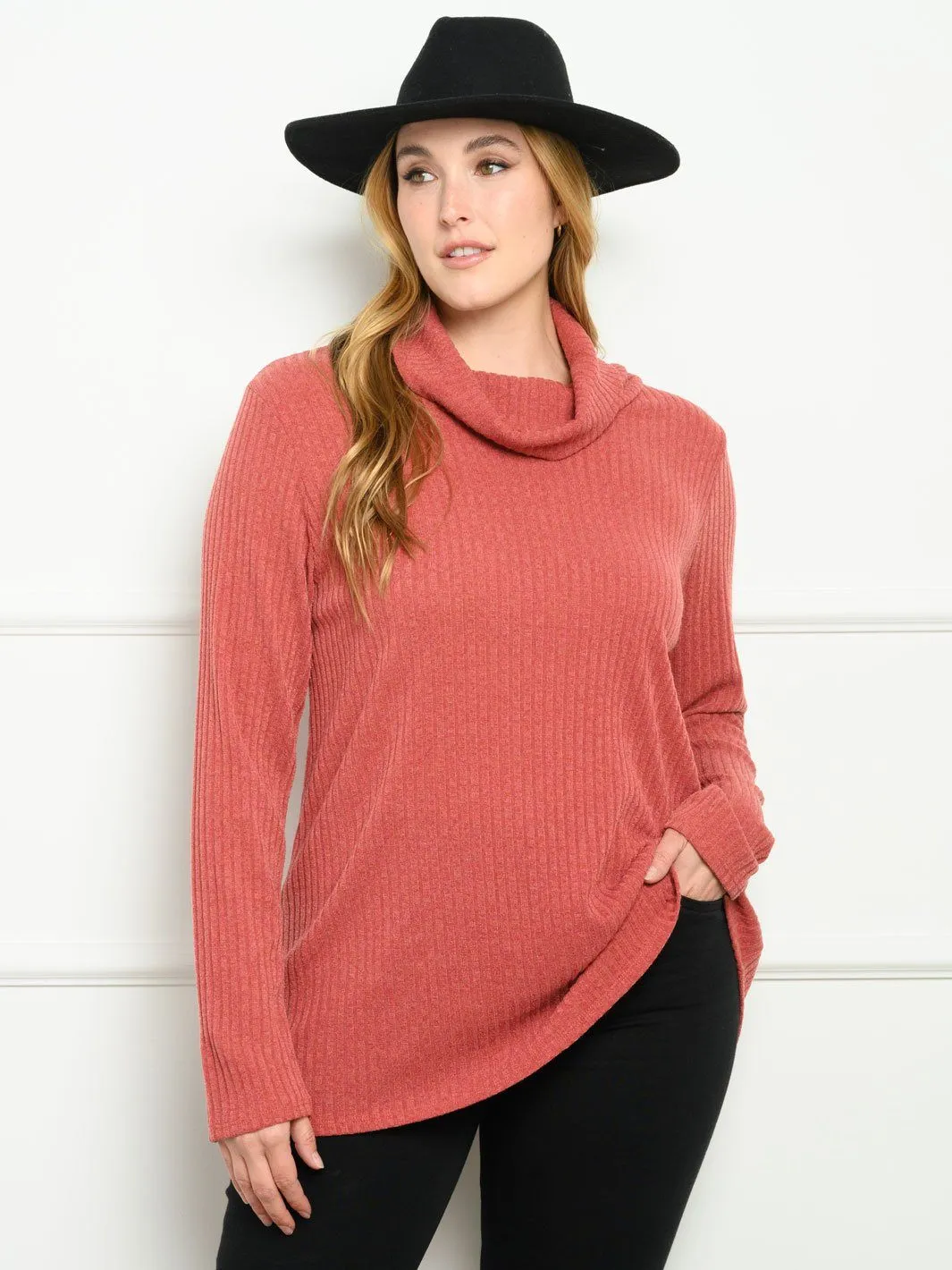 PLUS SIZE COWL NECK RIB LONG SLEEVE SWEATER
