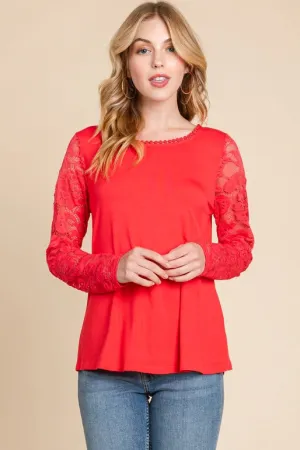 Plus Size Lace Mesh Sleeves Top-Coral