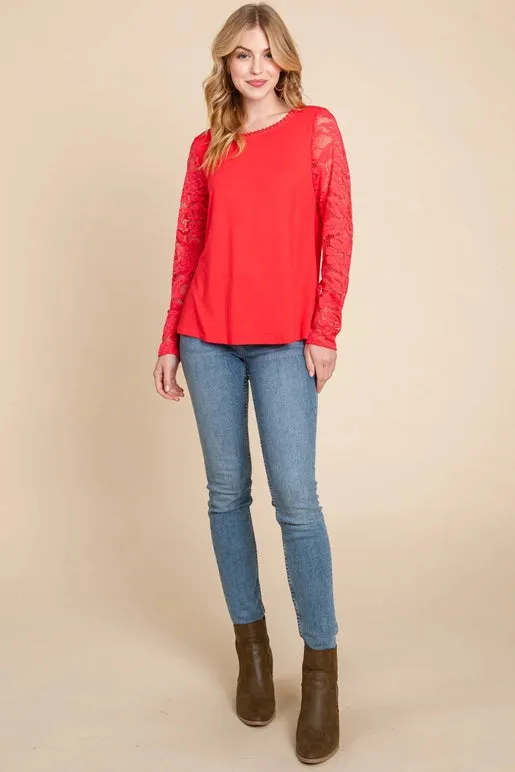 Plus Size Lace Mesh Sleeves Top-Coral